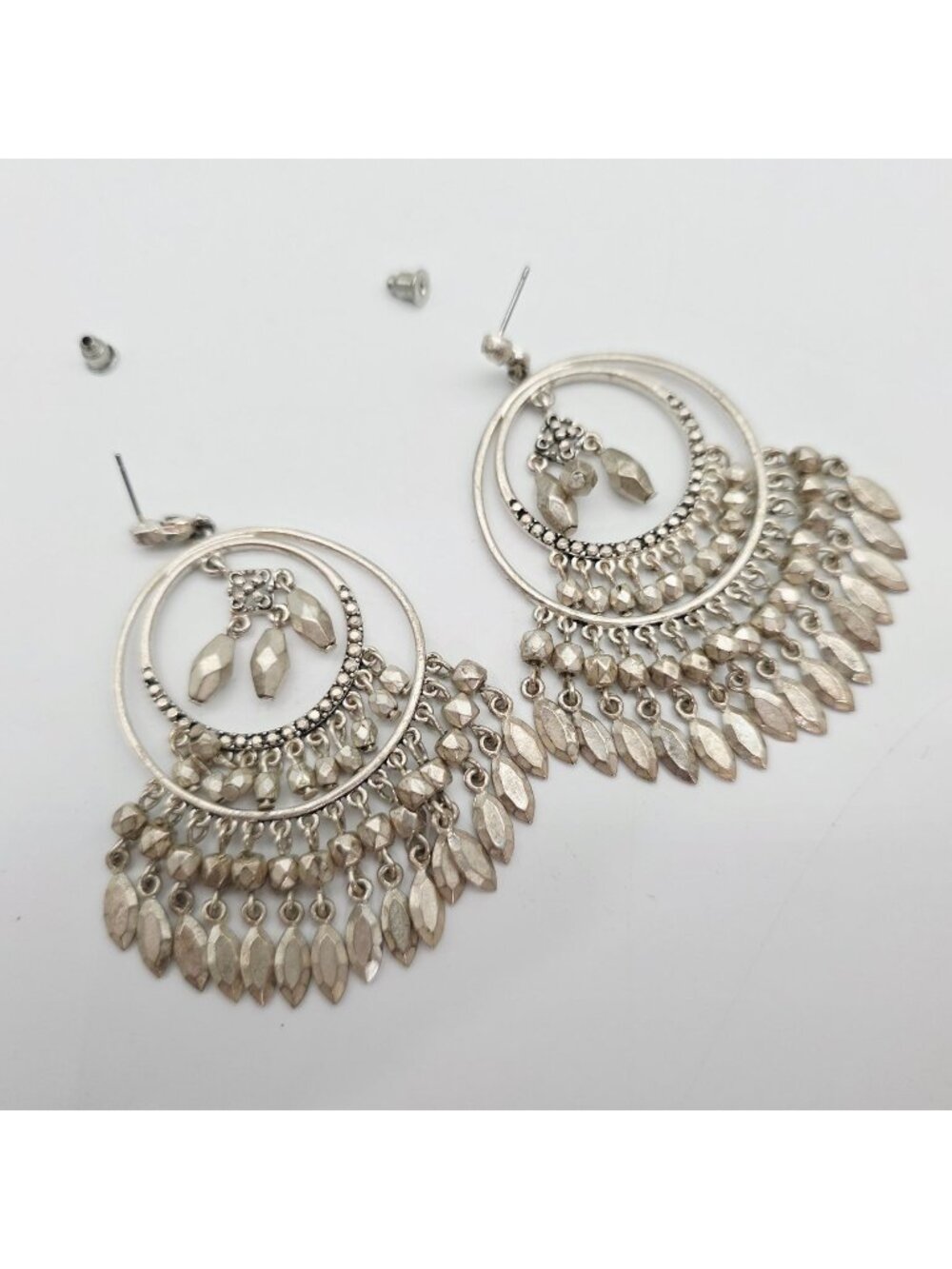 Silver-Tone Boho Dangle Hoop Earrings Chandelier Beaded Fringe Design 3"